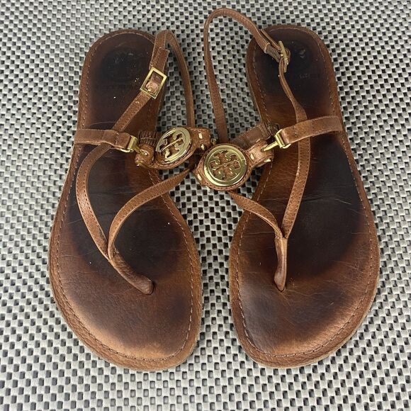 Tory Burch Ali Sandals Womens Size 8 M Brown Leather Gold Logo Thong Sandals - Picture 1 of 9